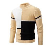 crazy bean Pull Homme Hiver Col Roulé Chaud Patchwork Pull en Tricot Plaid de Travail Sweatshirt Manche Longue Homme Chic Kaki XL