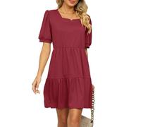 crazy bean Robe Ete Femme Mini Robe à Volants Taille Haute Manche Courte Bouffantes col en Carrée Été de Plage Bohème Chic Élégante Décontractée Casual Rose L