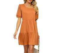 crazy bean Robe Ete Femme Mini Robe à Volants Taille Haute Manche Courte Bouffantes col en Carrée Été de Plage Bohème Chic Élégante Décontractée Casual Orange M