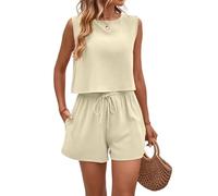 crazy bean SurvêTement de Sport DéContracté Pour Femmes Ensemble DéContracté de Shorts Sans Manches Pour Femmes Chic et Elegant Haut Sans Manches et Short à Taille Haute Avec Poches Blanc XL