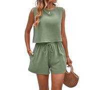 crazy bean SurvêTement de Sport DéContracté Pour Femmes Ensemble DéContracté de Shorts Sans Manches Pour Femmes Chic et Elegant Haut Sans Manches et Short à Taille Haute Avec Poches Vert S