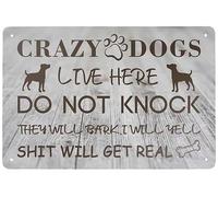 Crazy Dogs Live Here Do Not Knock Front Porch Welcome - Décoration murale en métal pour intérieur ou extérieur - Accessoires de porte - Cadeau de pendaison de crémaillère - 14 x 20,3 cm