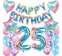 Crazy-M Décoration d'anniversaire 25 ans, ballons arc-en-ciel, pour fille et femme, avec bannière Happy Birthday, ballon chiffre 25, ballons en aluminium en forme de cœur, étoile et confettis