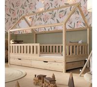 Crazy Pine Cabane avec Tiroirs 200x120 cm - Lit Enfant en Bois Naturel avec Barrière - Design Scandinave, Montessori au Sol avec Espace de Rangement Supplémentaire - Crazy Blanco