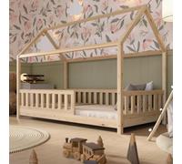 Crazy Pine Crazy Blanco Lit de maison, 90 x 200 cm, en bois naturel, avec protection anti-chute, design scandinave, lit de sol Montessori avec pieds réglables en hauteur