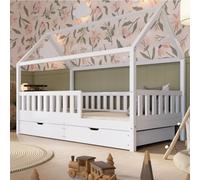 Crazy Pine Crazy Blanco Lit de maison avec tiroirs, 140 x 200 cm, en bois naturel, blanc, avec protection anti-chute, design scandinave, lit de sol Montessori avec espace de rangement supplémentaire