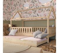 Crazy Pine Crazy Blanco Lit maison avec Tiroir fonction couchage, 100 x 200 cm, en bois naturel, avec protection anti-chute, design scandinave, lit Montessori avec tiroir avec fonction couchage