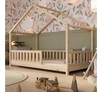 Crazy Pine Crazy House - Lit d'intérieur 100 x 200 cm - En bois naturel avec protection anti-chute - Lit de sol Montessori avec pieds réglables en hauteur et barrière amovible