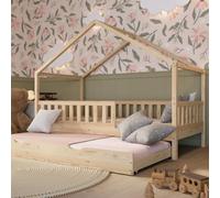 Crazy Pine Lit Cabane avec Tiroir Lit Crazy House 100x190 cm Naturel | Lit d’appoint coulissant sur roulettes - crée facilement un deuxième couchage en quelques instants.