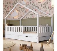 Crazy Pine Lit Cabane avec Tiroirs 200x90 cm - pour Enfant en Bois Blanc avec Barrière - Montessori au Sol avec Espace de Rangement Supplémentaire et Barrière Amovible - Crazy House
