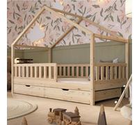 Crazy Pine Lit cabane avec tiroirs 80x160 cm - Lit d'enfant en bois naturel - Lit au sol avec espace de rangement et barrière amovible - Crazy House