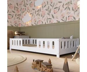 Crazy Pine Lit enfant 160 x 80 cm - Lit Montessori à sol blanc avec barrière en MDF - Sans danger pour les petits enfants avec bords arrondis - Entrée centrale - Crazy Ethan