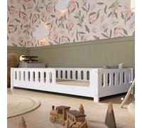Crazy Pine Lit Enfant 160x80 cm - Lit Montessori au Sol Blanc avec Barrière en MDF - Lit Sécurisé pour Tout-Petit avec Bords Arrondis - Entrée à Droite - Montage Facile - Crazy Ethan
