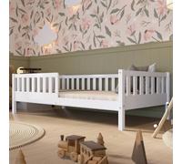 Crazy Pine Lit Enfant 200x140 cm - Lit Montessori au Sol Blanc avec Barrière - Sécurisé pour Tout-Petit - Design Scandinave, Montage Facile