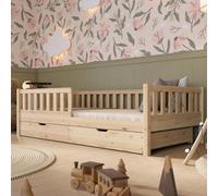 Crazy Pine Lit Enfant avec Tiroirs 160x80 cm - Montessori au Sol en Bois Massif avec Barrière - Sécurisé pour Tout-Petit - Design Scandinave, Montage Facile - Crazy Basic