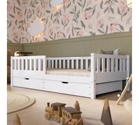 Crazy Pine Lit Enfant avec Tiroirs 200x90 cm - Montessori au Sol en Bois Massif Blanc avec Barrière - Sécurisé pour Tout-Petit - Design Scandinave, Montage Facile - Crazy Basic