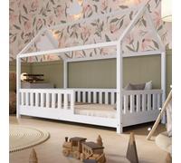 Crazy Pine Lit Maisonnette 160 x 80 cm - Bois Blanc avec Barrière - Design Scandinave, Lit Montessori au sol avec pieds réglables en hauteur - Crazy Blanco