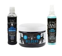 Crazy Pouss Locks Combination Set - Gelocks Fixation Forte (Noire) 300g, Wash shampooing 250ml, Spray Hydratant à l'huile de carapate et menthe poivrée 250ml