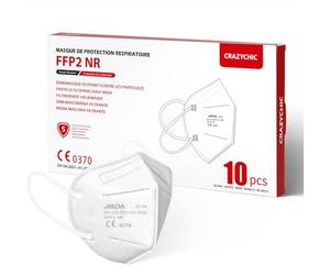 CRAZYCHIC - Masque FFP2 NR Certifié Norme CE EN149 - Masque de Protection Respiratoire - Haute Filtration 5 Couches - Stock France Livraison Rapide - Boîte 10 pièces Blanc