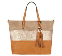 CRAZYCHIC - Sac à Main Paillette Femme - Cabas Fourre-Tout Cuir PU Souple - Sac Porté Epaule Bandoulière Patchwork Multicolore Grande Capacité - Ville Shopping Cours Travail Plage - Marron Camel