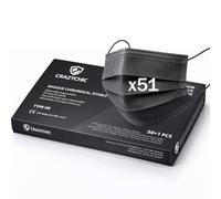 CRAZYCHIC - x51 Masque Chirurgical Médical NOIR Type IIR - Certifié CE Norme EN14683 - Masque Jetable 3 Plis Protection Respiratoire - Haute Filtration EFB>99% - Lot de 51 pièces