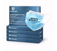 CRAZYCHIC - x510 Masque Chirurgical Médical BLEU Type IIR - Certifié CE Norme EN14683 - Masque Jetable 3 Plis Protection Respiratoire - Haute Filtration EFB>99% - Lot de 510 pièces