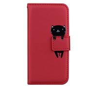 CrazyLemon Coque pour iPhone 12 Mini, Motif Animal de Chat de Bande Dessinée Coloré Flip Magnétique en Cuir PU Souple Etui Portefeuille Antichoc avec Fentes pour Cartes - Rouge