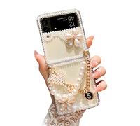 CrazyLemon Coque pour Samsung Galaxy Z Flip 3 5G 2021, Crystal Shiny Pearl Flower Sparkle Shiny avec Chaîne Strap 3D Stones Housse Samsung Z Flip 3 Cell Phone Case pour Femmes Filles