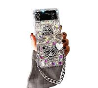 CrazyLemon Coque pour Samsung Galaxy Z Flip 4 5G, Silicone Paillettes Luxe Mode Cool Tête Léopard Argent Panther Étincelle Brillant Strass Design avec Chaîne Étui de Protection pour Femme