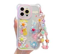 CrazyLemon für iPhone 14 Pro Max Hülle Klar Blumendruck mit Band Transparent Silikon Niedlich Stylisch 3D Blütenblatt Design Smartphone Hülle Kameraschutz Dünn Weich TPU Cover für Damen Mädchen