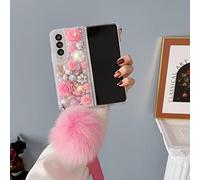CrazyLemon pour étui Samsung Galaxy Z Fold 3 5G 2021, Coque Téléphone Portable avec Pompon Boule Fluffy Bobble Etincelant Stones Pearl Rose Design Housse Protection pour Femme Fille - Rose