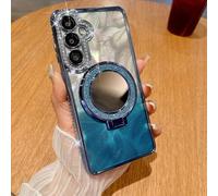 CrazyLemon pour Samsung Galaxy S22 Coque avec Anneau Miroir Support Scintillant Paillettes Plumes Paillettes Coque Protection Prend Charge Chargement Magnétique sans Fil - Bleu