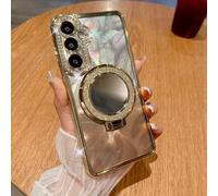 CrazyLemon pour Samsung Galaxy S22 Ultra Coque avec Anneau Miroir Support Scintillant Paillettes Plumes Paillettes Coque Protection Prend Charge Chargement Magnétique sans Fil - Or