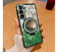 CrazyLemon pour Samsung Galaxy S24 Coque avec Anneau Miroir Support Scintillant Paillettes Plumes Paillettes Coque Protection Prend Charge Chargement Magnétique sans Fil - Vert