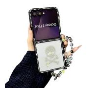 CrazyLemon pour Samsung Galaxy Z Flip 4 Coque Strassée Motifs avec Bracelet Perlé Design Pailleté Protection Transparente Antichoc Étui Style Girly Mignon pour Femmes Filles - Crâne
