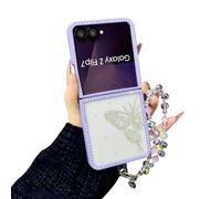 CrazyLemon pour Samsung Galaxy Z Flip 5 Coque Strassée Motifs avec Bracelet Perlé Design Pailleté Protection Transparente Antichoc Étui Style Girly Mignon pour Femmes Filles - Papillon