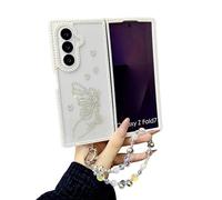 CrazyLemon pour Samsung Galaxy Z Fold 3 Coque Étui StrasséeMotifs avec Bracelet Perlé Design Pailleté Protection Transparente Antichoc Étui Style Girly Mignon pour Femmes Filles - Cœur Papillon