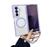 CrazyLemon pour Samsung Galaxy Z Fold 4 Coque Étui StrassMagnétique avec Bracelet Perlé Design Pailleté Transparent Protection Antichoc Style Girly Mignon pour Femmes Filles - Violet