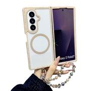 CrazyLemon pour Samsung Galaxy Z Fold 4 Coque Étui StrassMagnétique avec Bracelet Perlé Design Pailleté Transparent Protection Antichoc Style Girly Mignon pour Femmes Filles - Or