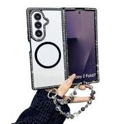 CrazyLemon pour Samsung Galaxy Z Fold 4 Coque Étui StrassMagnétique avec Bracelet Perlé Design Pailleté Transparent Protection Antichoc Style Girly Mignon pour Femmes Filles - Noir