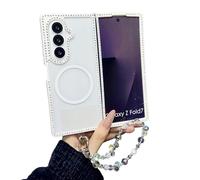 CrazyLemon pour Samsung Galaxy Z Fold 6 Coque Étui StrassMagnétique avec Bracelet Perlé Design Pailleté Transparent Protection Antichoc Style Girly Mignon pour Femmes Filles - Argent