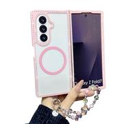 CrazyLemon pour Samsung Galaxy Z Fold 6 Coque Étui StrassMagnétique avec Bracelet Perlé Design Pailleté Transparent Protection Antichoc Style Girly Mignon pour Femmes Filles - Rose