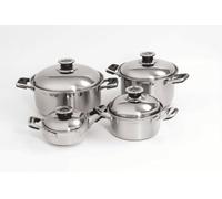 CRC California Batterie de cuisine 8 pièces, 4 casseroles et 4 couvercles avec thermomètre, acier inoxydable, corps tricouche, diffuseur, convient pour induction