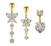 Crdifu 3pcs Barre de nombril court 6mm Petit Anneau de nombril Or Acier chirurgical Coeur Papillon Fleur avec pendentif Piercing Bijou