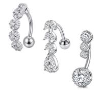 Crdifu Piercing nombril inversé argenté doré noir 14G 10mm fleur cœur | Piercing au nombril, banane 1,6mm en acier inoxydable 316L, pendentif au-dessus du nombril, feuille et zircon
