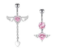 Crdifu Piercing Nombril Rose 14G 10mm - Percing au Nombril 2 Pièces en Acier Inoxydable 316L Hypoallergénique - Piercing Nombril pendentif (Cœur et Aile d'ange) - Bijou de Nombril pour Femme