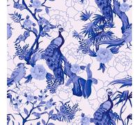 CRE8TIVE Papier peint autocollant avec paons oiseaux et feuilles tropicales - Bleu sur beige - Vintage - 30,5 x 300 cm - En vinyle - Pour salon, chambre à coucher, plan de travail, armoire