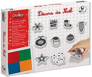 Créa Lign’ | Kit Tampons Décors de Noël | Activité Manuelle et Créative Enfant 3+ | 10 Tampons + Encreur 4 Couleurs Lavable | Idéal pour Maison ou École | Loisir Créatif de Noël