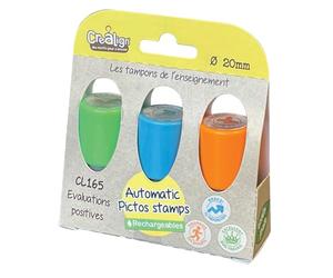 Créa Lign’ | Tampons Automatiques Évaluations Positives | 3 Tampons Encrés Rechargeables | Notation Ludique Enseignant | École Primaire & Maternelle, Bleu/Vert/Orange