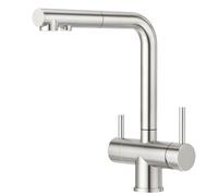 CREA Robinet 3 Voies avec Douchette Extractible,Robinet d'eau Potable Mélangeur d'évier Pivotant à 360°,Robinet de Cuisine à Double Poignée Acier Inoxydable à eau 3 en 1,Brossé